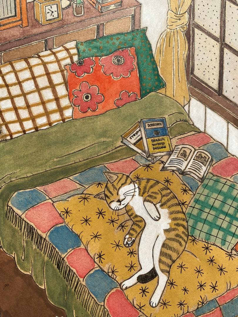《送料無料》原画「寝室の猫たち」猫イラスト インテリアアート