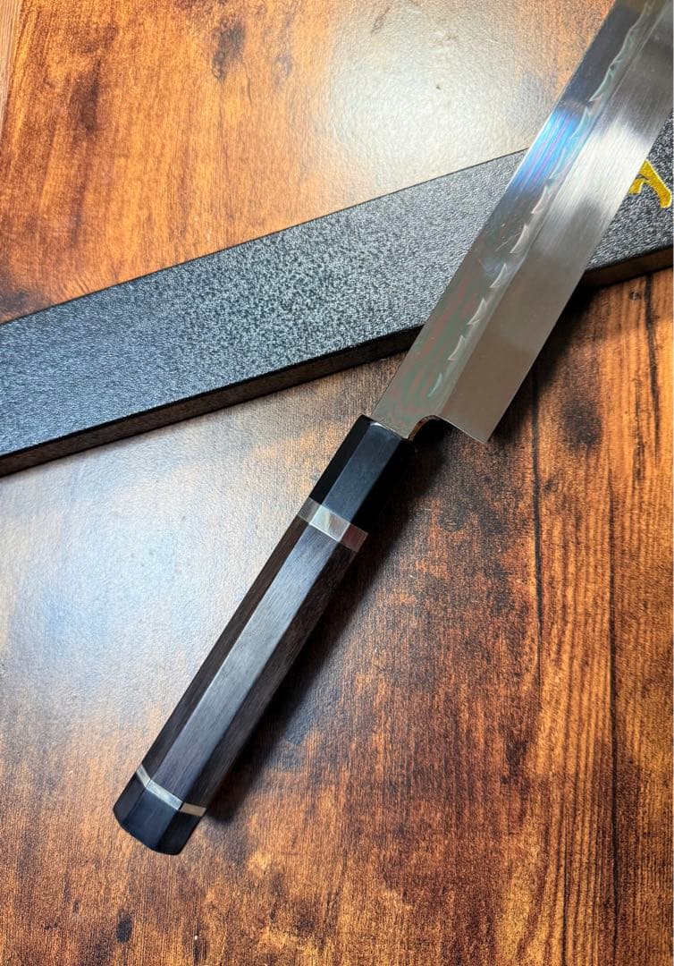 堺打刃物　森本光一作　刺身　先丸　白ニ鋼 水本焼　尺一　鏡面　黒檀両白水牛銀巻柄
