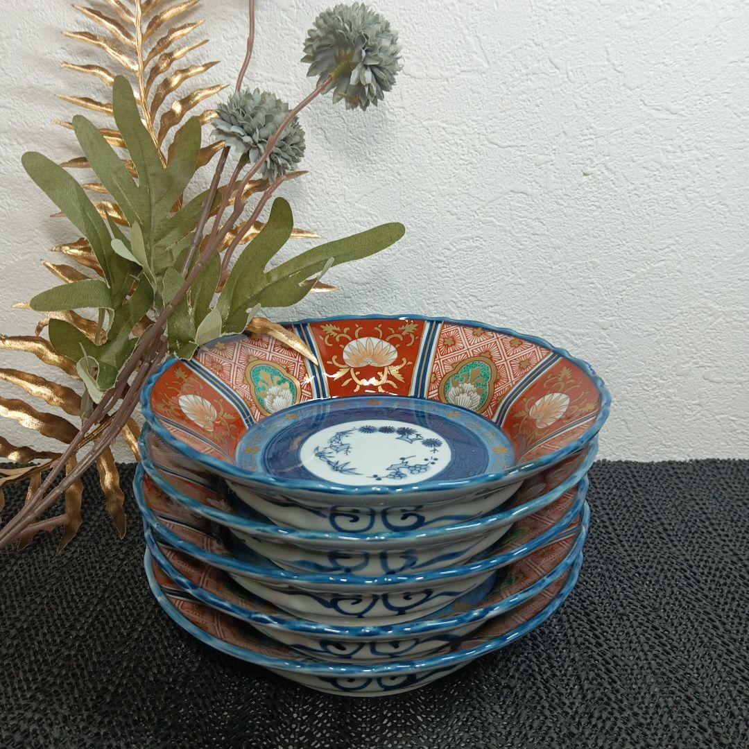 美品】有田焼 林九郎 染錦八方地紋 浅小鉢 古伊万里様式 豪華絢爛 5枚
