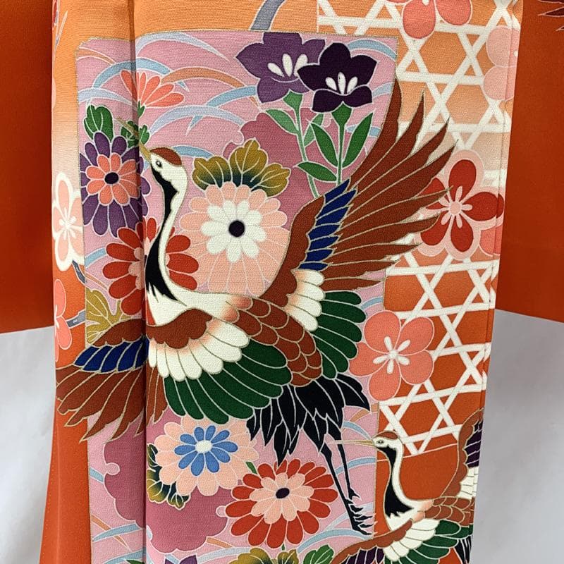 601ag31□七五三 七歳 女児 着物&袋帯 金彩 鶴 枝梅 絵札□美品