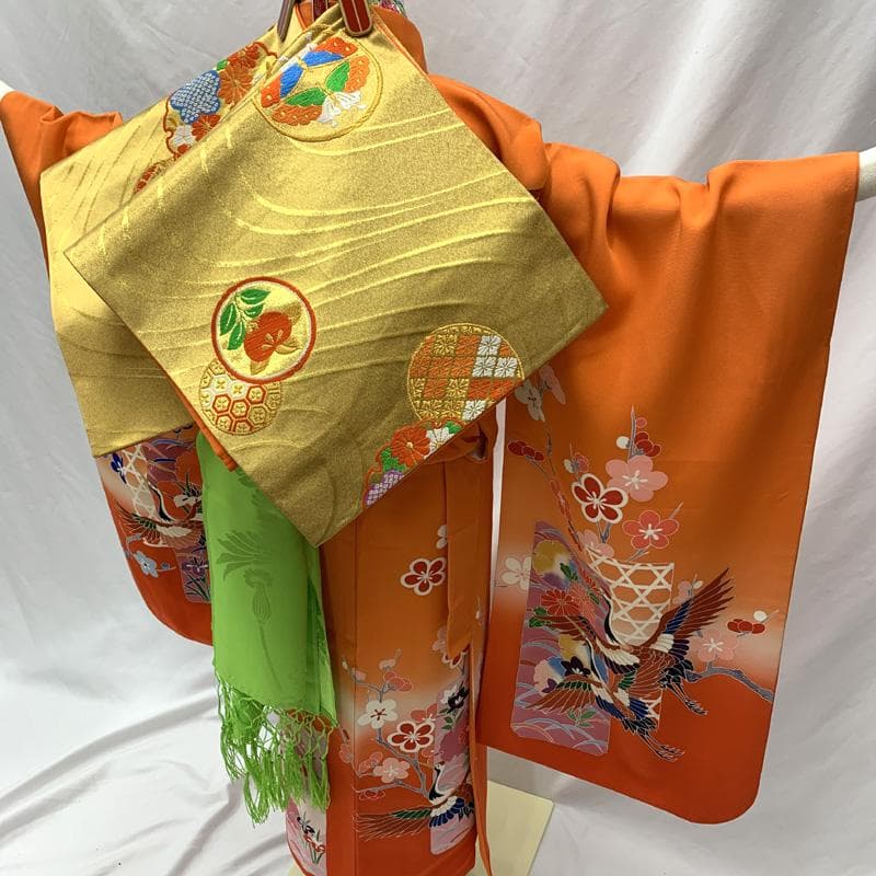 601ag31□七五三 七歳 女児 着物&袋帯 金彩 鶴 枝梅 絵札□美品