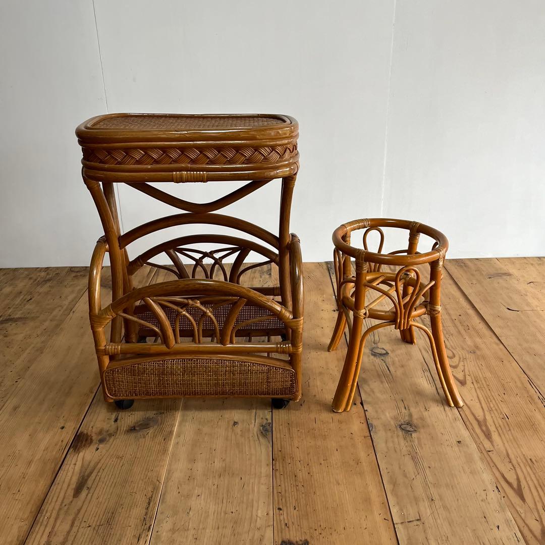 2点セット ヴィンテージ ラタン 籐 ラック 植物台 z655