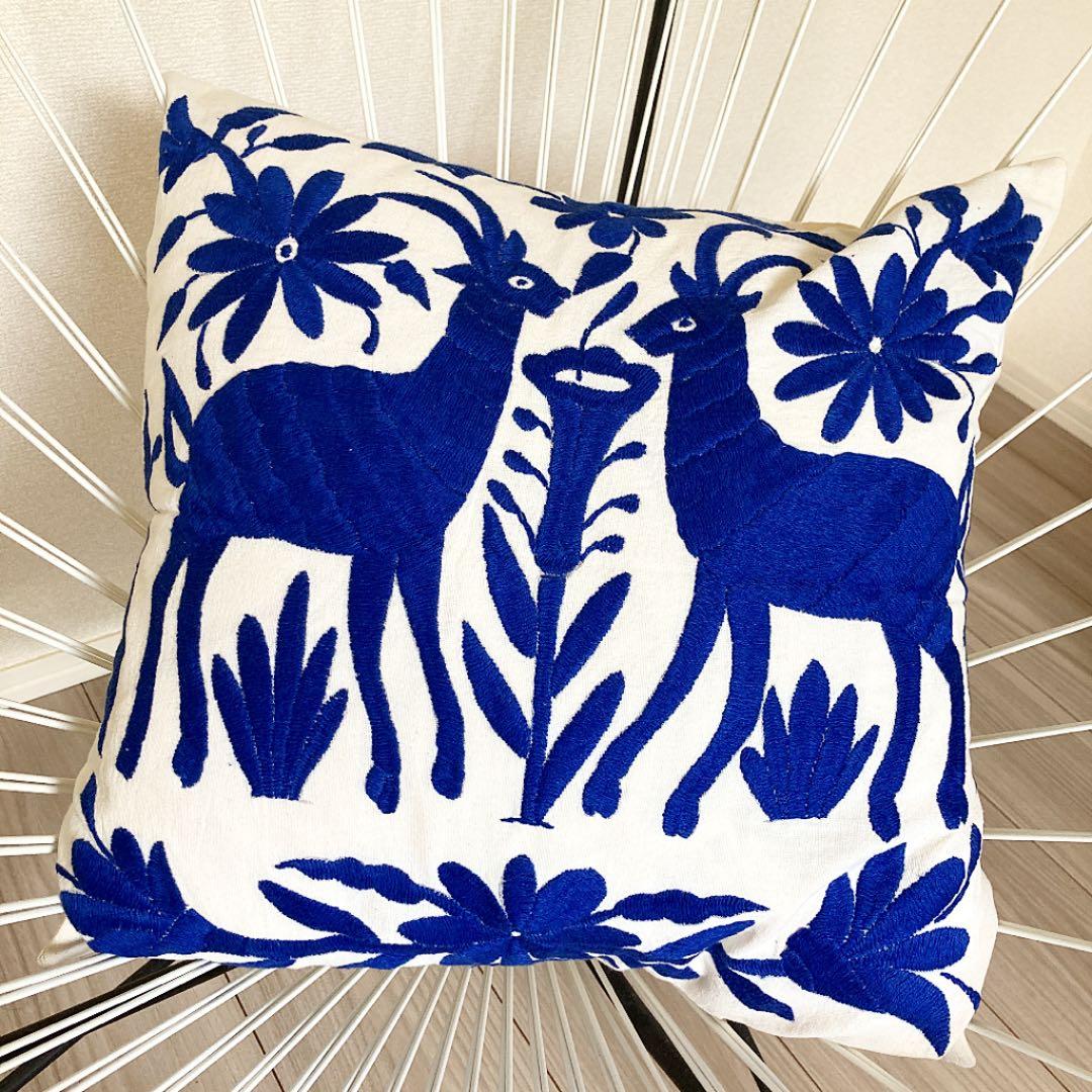 新品＊クッションカバー＊オトミ刺繍＊ブルー系＊メキシコ雑貨