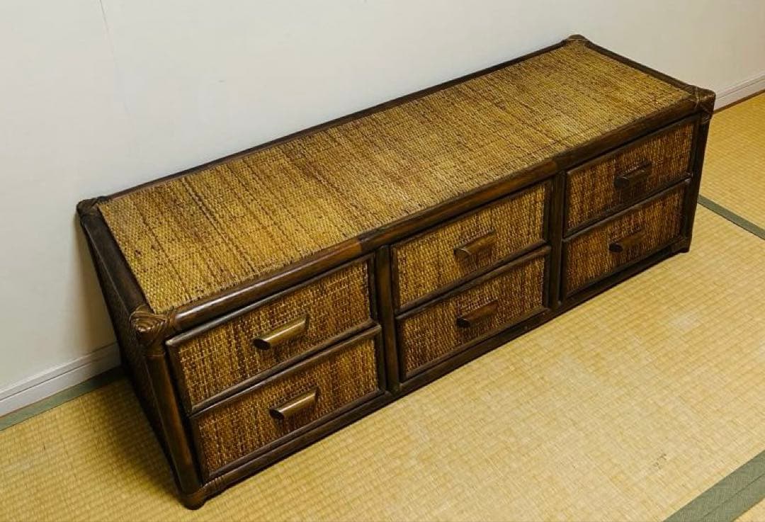 ビンテージ　ラタン製ローボード 6 引き出し付き