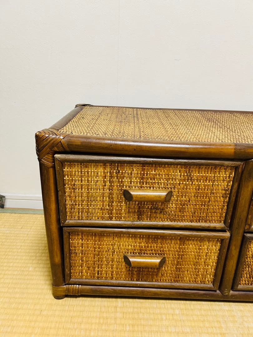 ビンテージ　ラタン製ローボード 6 引き出し付き