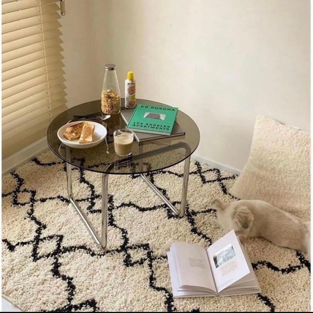 韓国 ガラステーブル ローテーブル コーヒーテーブル 円形 グレー