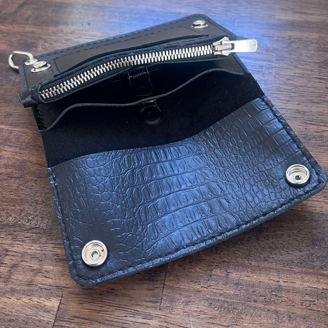 姫路レザー トラッカーウォレット ミドル 黒 クロコ型押し 『紙幣折ら
