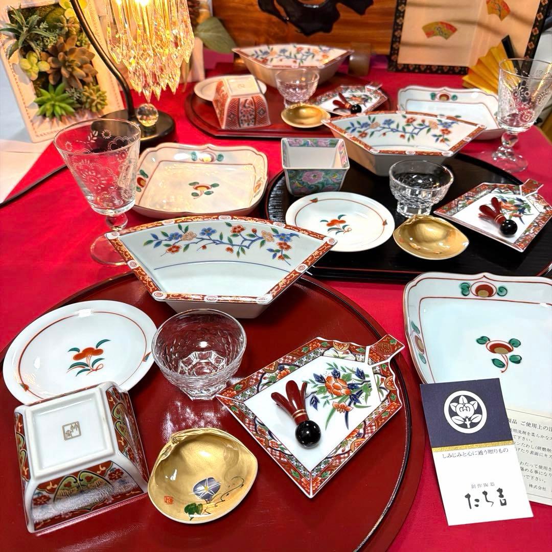 蘭子❀.*・゜ たち吉赤絵金彩角皿　庫山窯羽子板皿　No.4-24