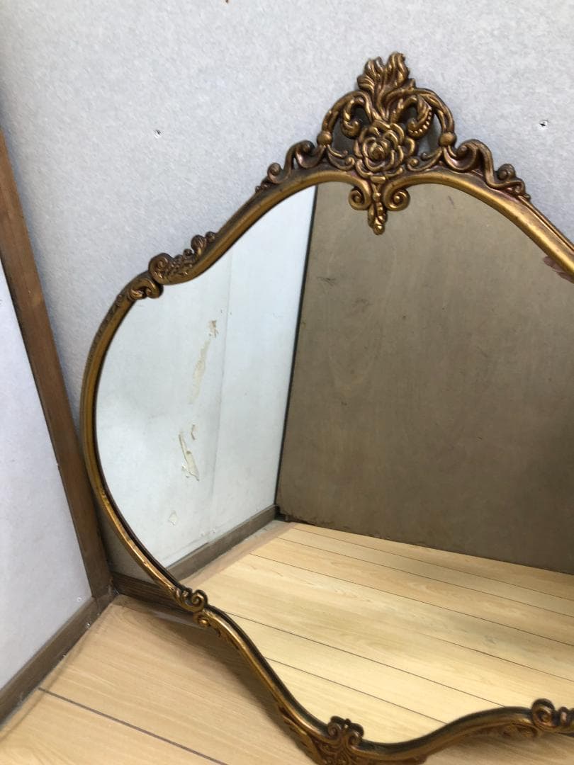 イタリア製 ロココ調 オーバル形 アンティーク加工 玄関鏡　250412-4