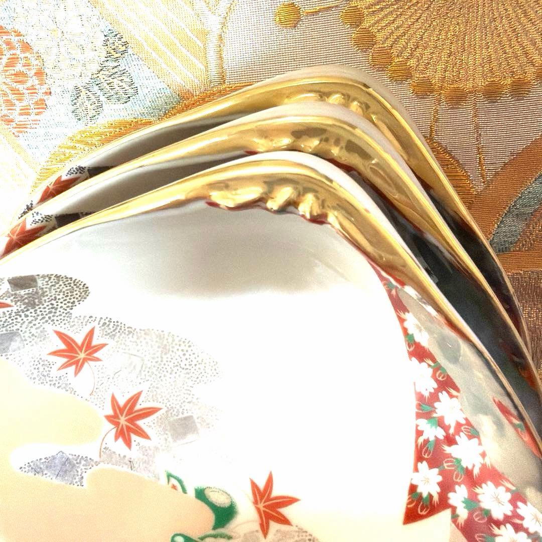 たち吉赤絵　角長皿　貝型金彩　清秀　萬珠 全18客 No.5-12