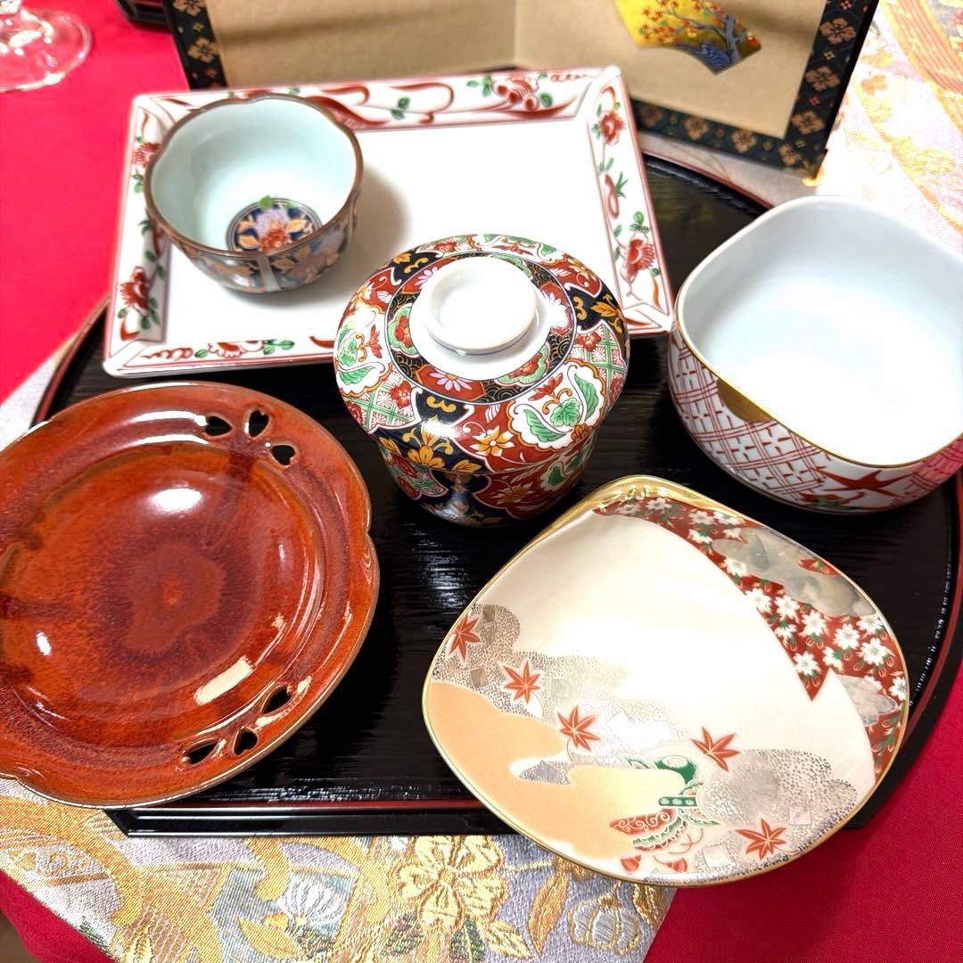 たち吉赤絵　角長皿　貝型金彩　清秀　萬珠 全18客 No.5-12