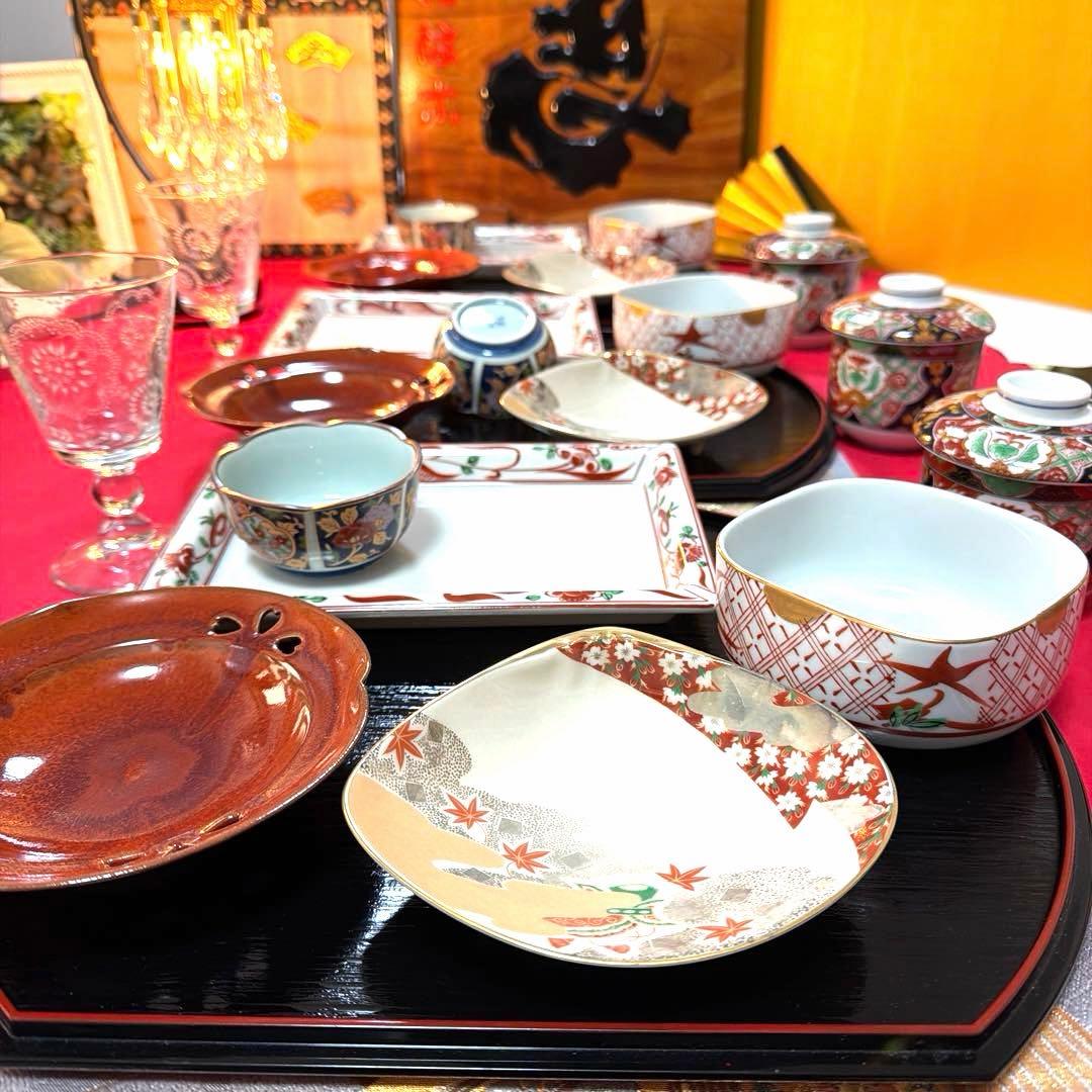 たち吉赤絵　角長皿　貝型金彩　清秀　萬珠 全18客 No.5-12