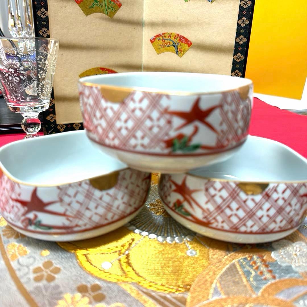 たち吉赤絵　角長皿　貝型金彩　清秀　萬珠 全18客 No.5-12