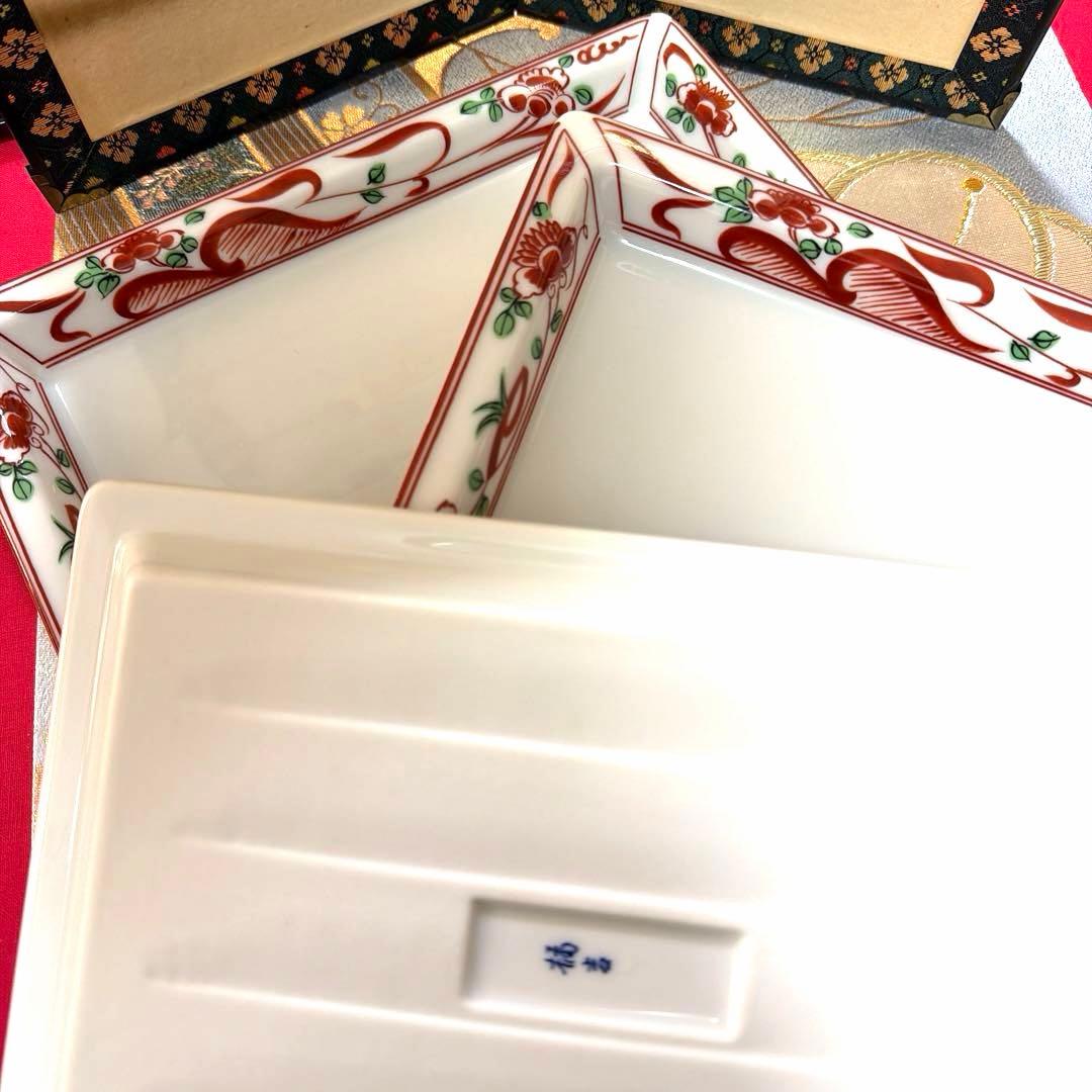 たち吉赤絵　角長皿　貝型金彩　清秀　萬珠 全18客 No.5-12