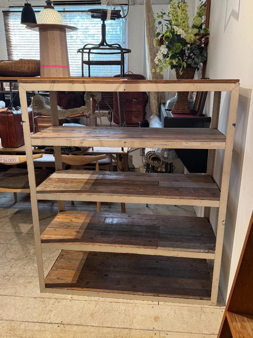 古材 オープンシェルフ アイアン スチールラック ヴィンテージ ホワイトペイント