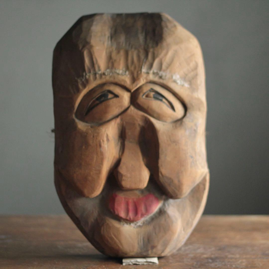 古い 木彫 面 おきな 民芸 古道具 アンティーク オブジェ