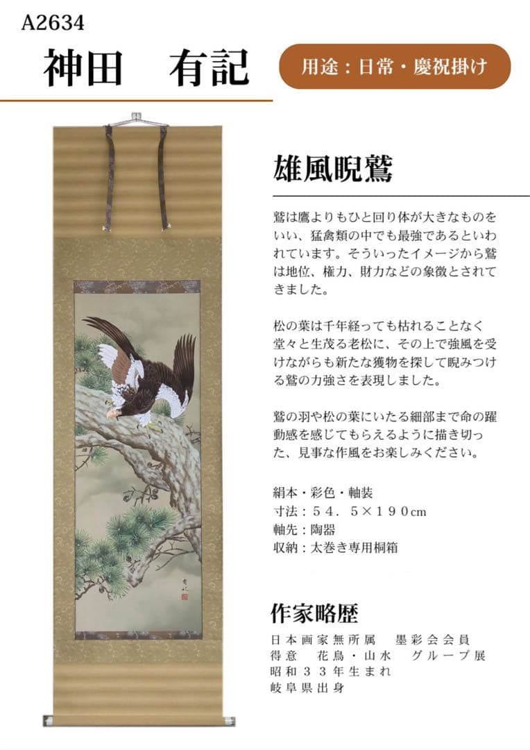 手書き高級掛軸】 神田有記 雄風睨鷲 尺五立 定価23万円 美品 - メルカリ