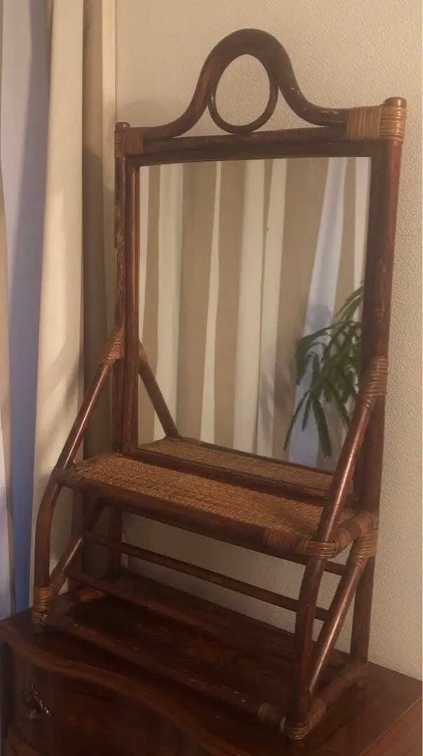 ヴィンテージ　ラタン　ミラー　立て掛け　壁掛け　タオルバー付き　籐　鏡