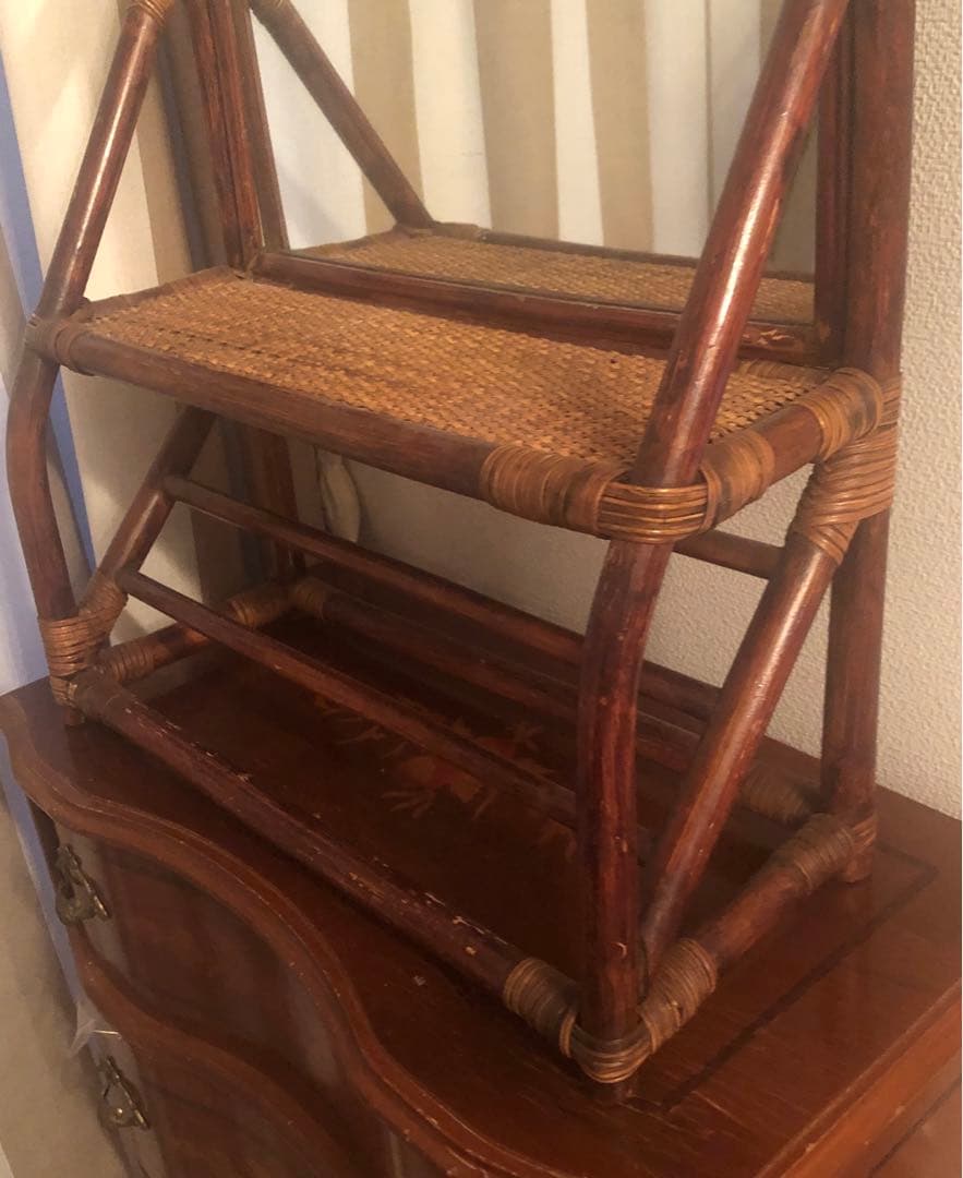 ヴィンテージ　ラタン　ミラー　立て掛け　壁掛け　タオルバー付き　籐　鏡