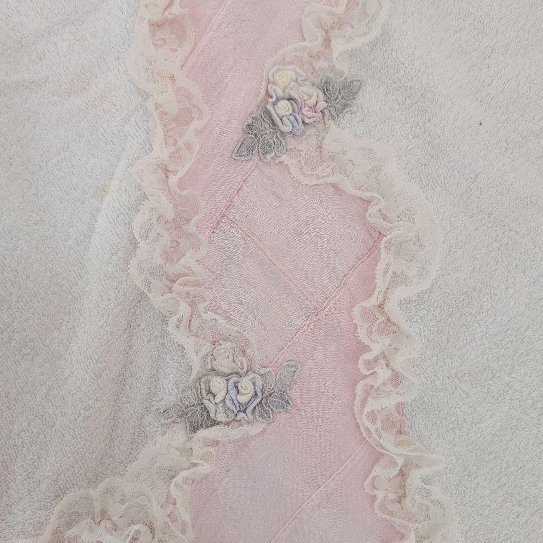 ④ヒスクローネhischroneリボン ベッドカバー白ピンク花タオルケット