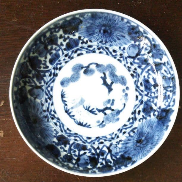 昔のお皿☆ 冨貴長春 古伊万里 染付 皿 骨董 呉須 富貴長春 江戸 唐草