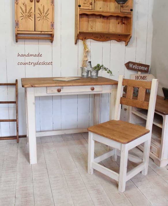 ハンドメイド　シャビーな1ドロワーカントリーデスク　イスセット