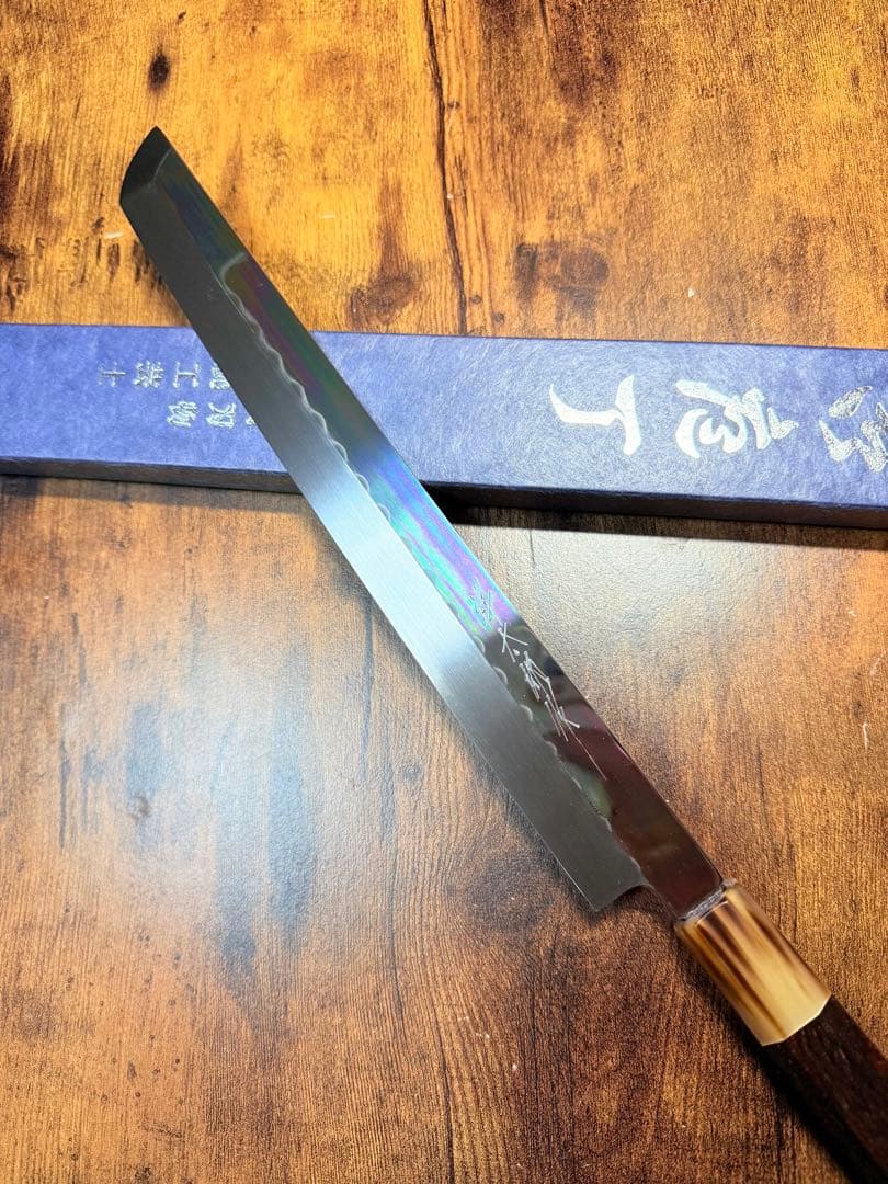 祥太郎作　左用　刺身 先丸　本焼　白鋼　9寸　鏡面　包丁　紫檀水牛八角柄