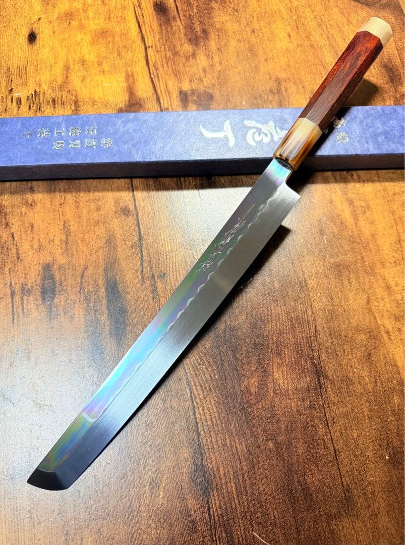 祥太郎作　左用　刺身 先丸　本焼　白鋼　9寸　鏡面　包丁　紫檀水牛八角柄