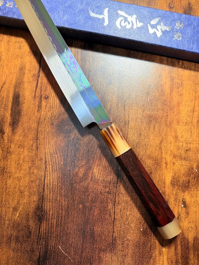 祥太郎作　左用　刺身 先丸　本焼　白鋼　9寸　鏡面　包丁　紫檀水牛八角柄