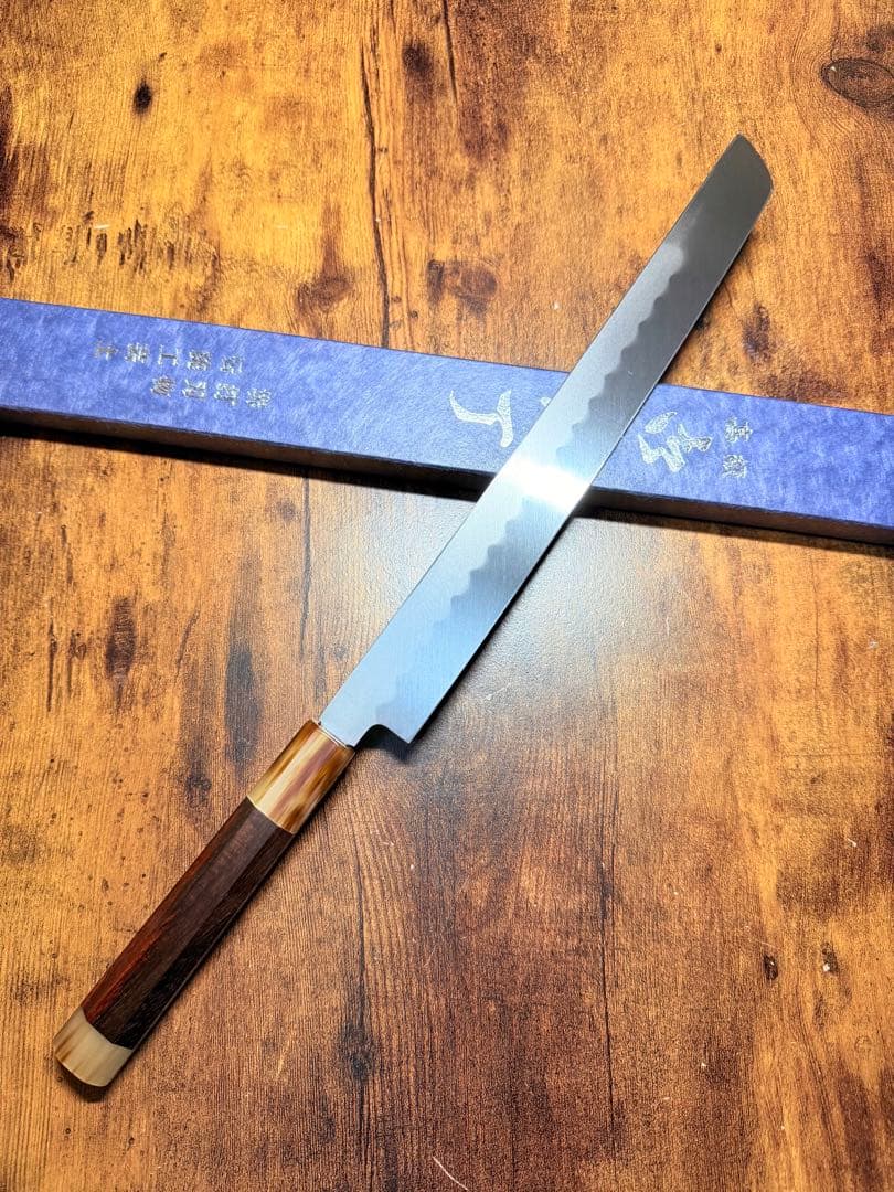 祥太郎作　左用　刺身 先丸　本焼　白鋼　9寸　鏡面　包丁　紫檀水牛八角柄