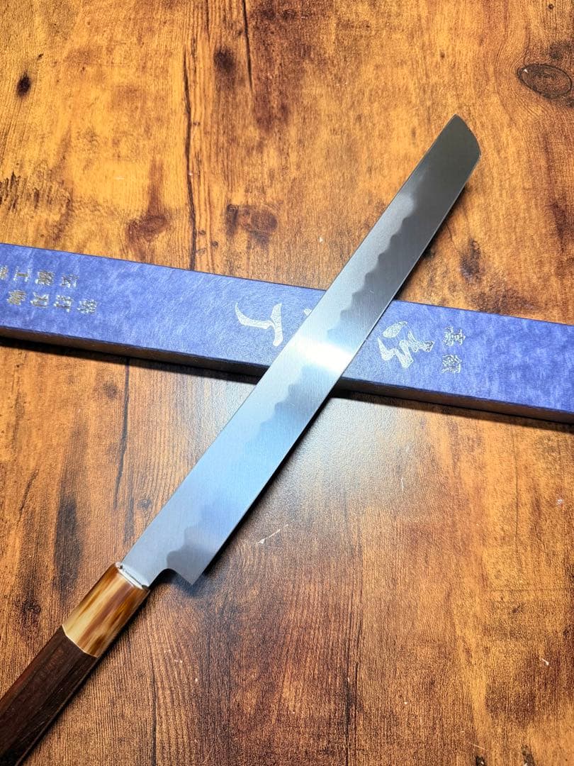 祥太郎作　左用　刺身 先丸　本焼　白鋼　9寸　鏡面　包丁　紫檀水牛八角柄