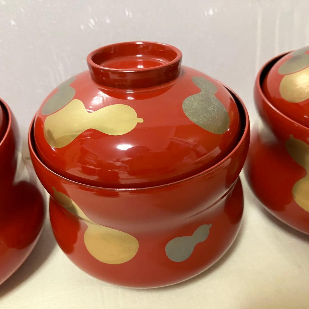 天然木製 桂寛 漆塗金彩蒔絵 瓢型 吸物椀 5客 山中漆器木箱入り 雑煮