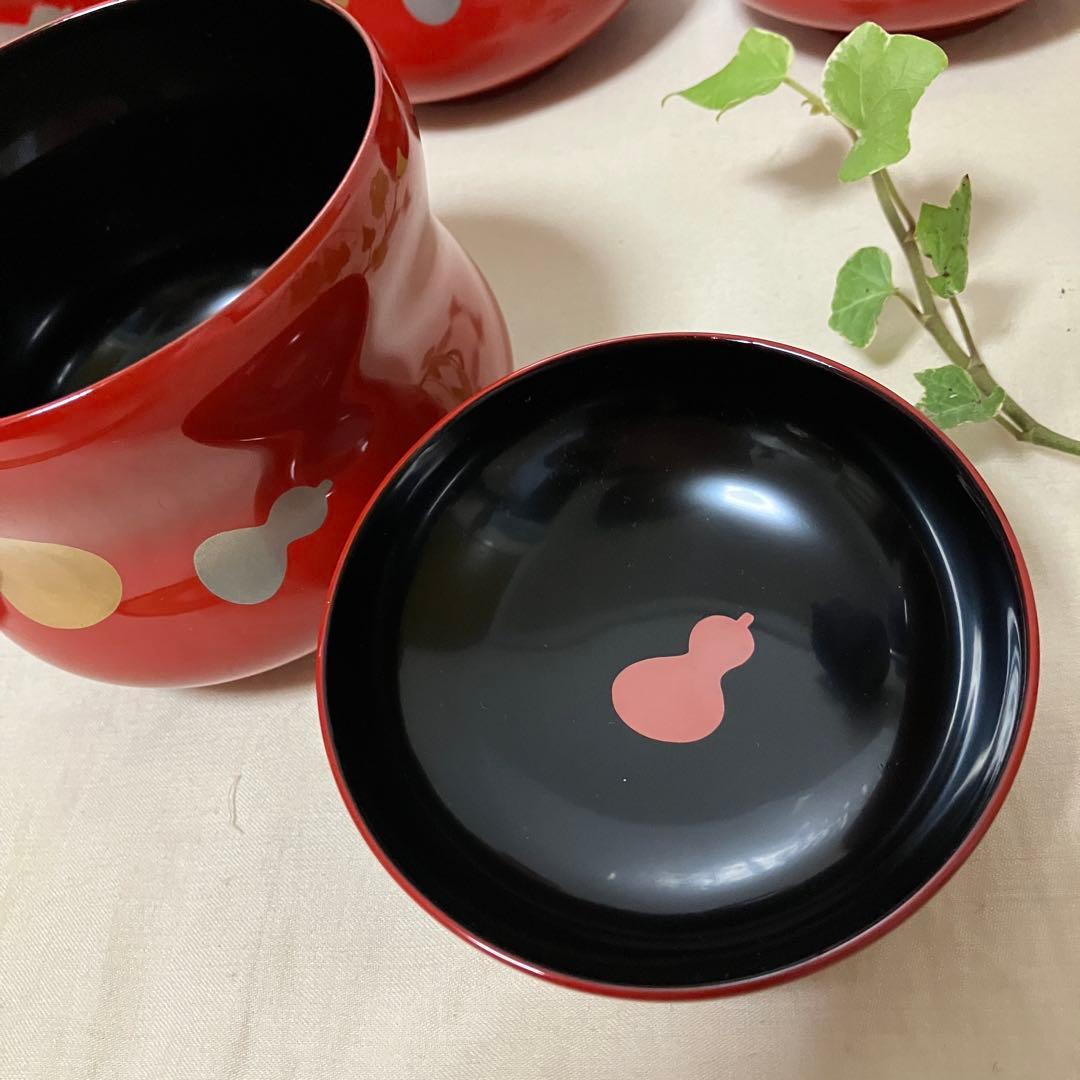 天然木製 桂寛 漆塗金彩蒔絵 瓢型 吸物椀 5客 山中漆器木箱入り 雑煮