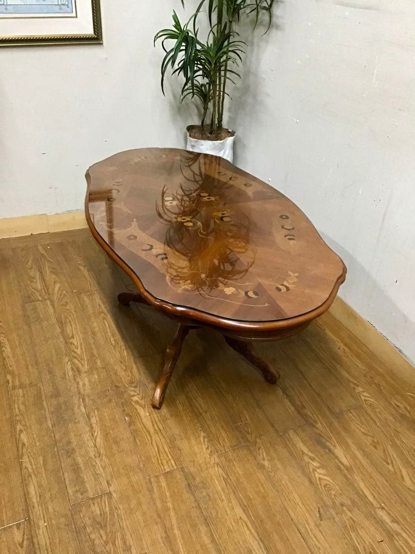 管289☆イタリア製☆アンティーク☆象嵌細工☆センターテーブル☆天板ガラス付き