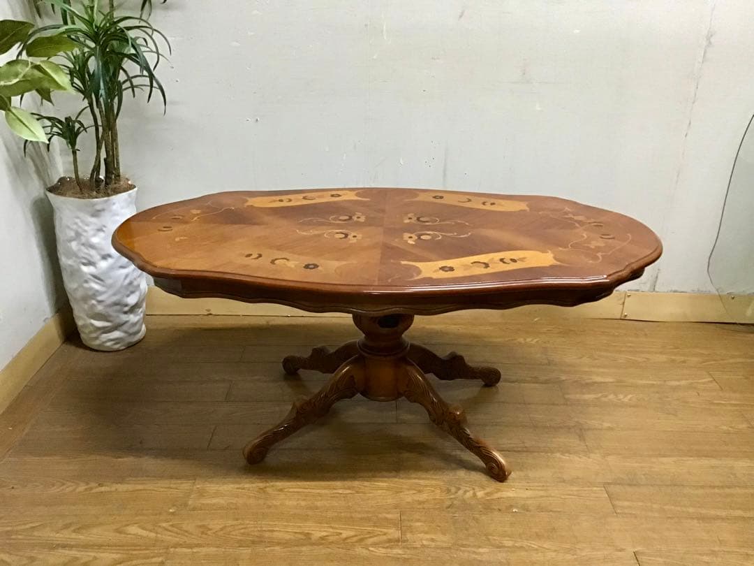 管289☆イタリア製☆アンティーク☆象嵌細工☆センターテーブル☆天板ガラス付き