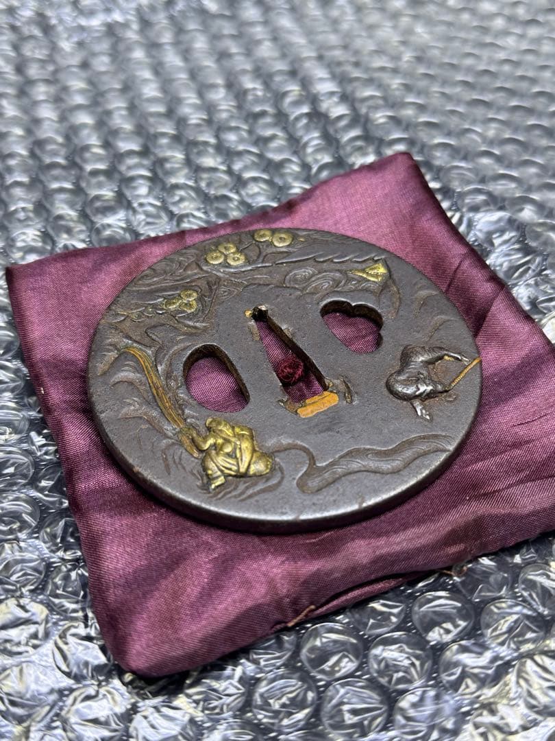 無銘 金工金象嵌松下 牛引き 山水図鍔 透かし鐔 刀鐔 鍔