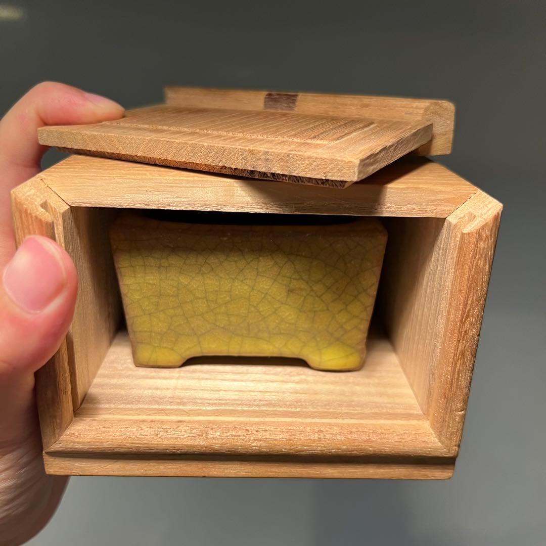 830.暁雲 黄貫入釉切立正方 盆栽鉢 植木鉢 8.2*8.2*4.9cm