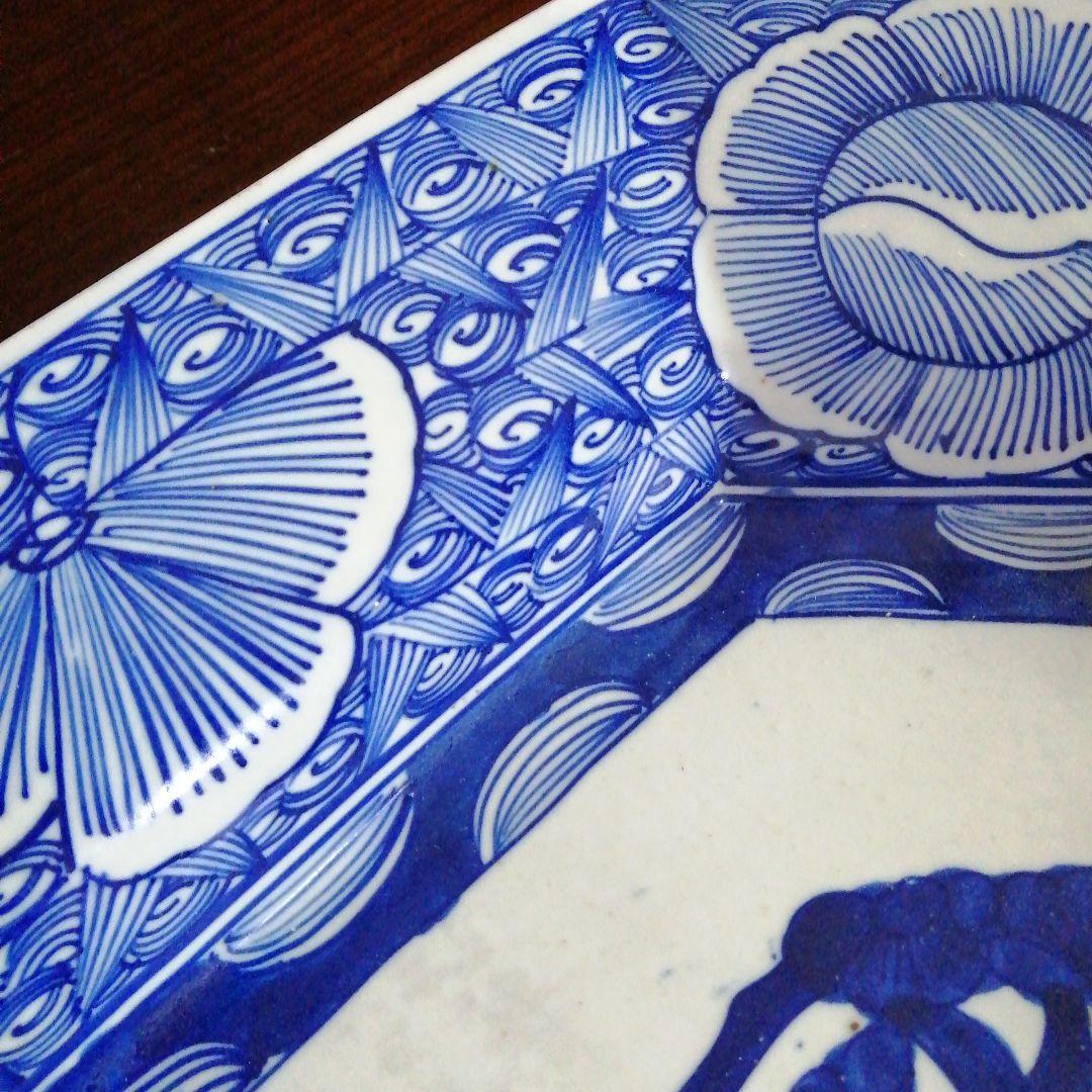 古伊万里　染付線描隅切角大皿　39.5cm　幕末