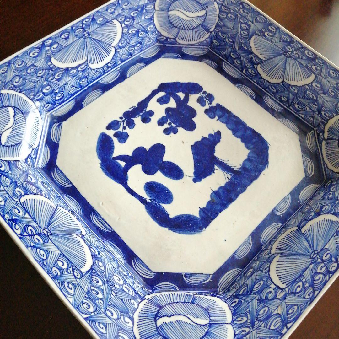 古伊万里　染付線描隅切角大皿　39.5cm　幕末