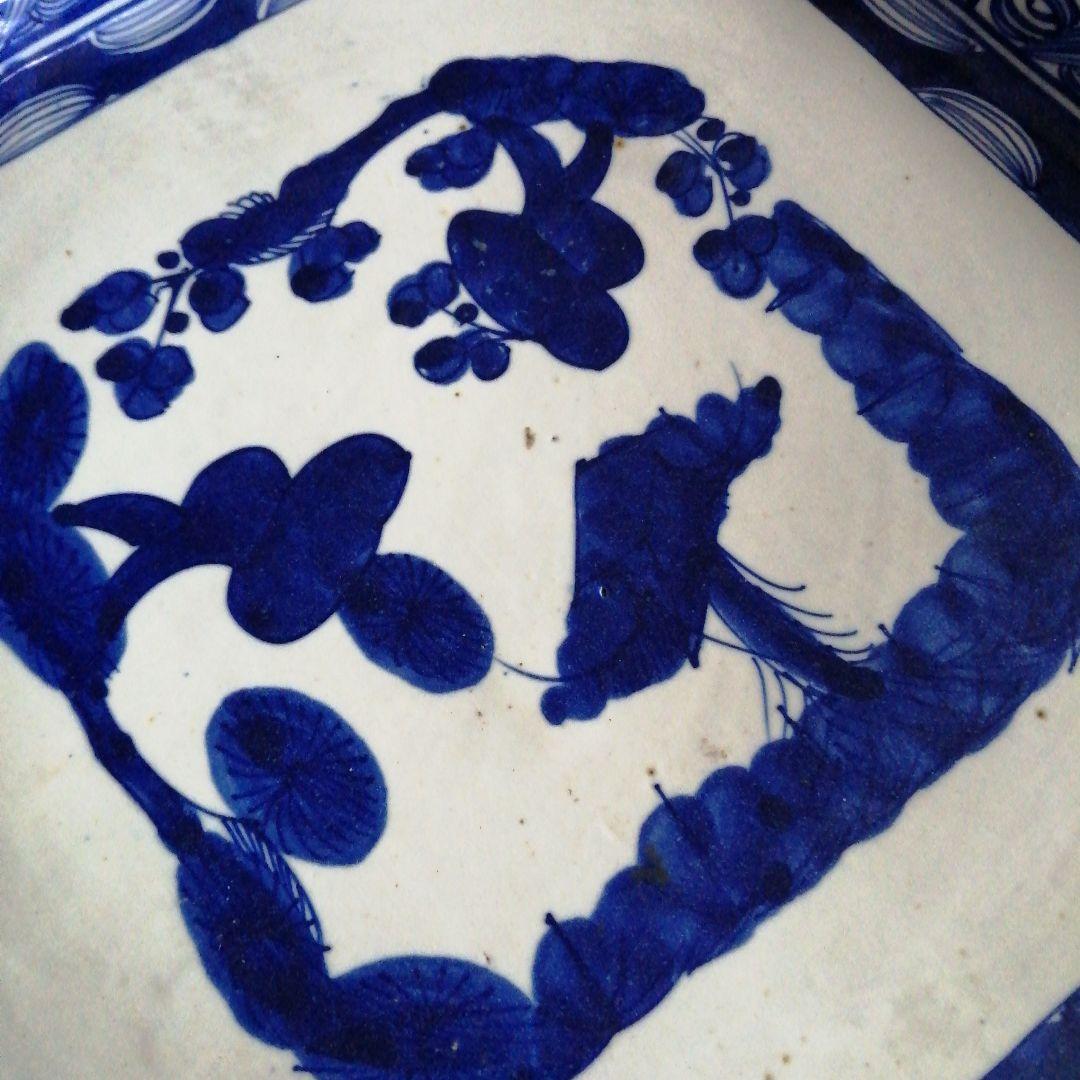 古伊万里　染付線描隅切角大皿　39.5cm　幕末