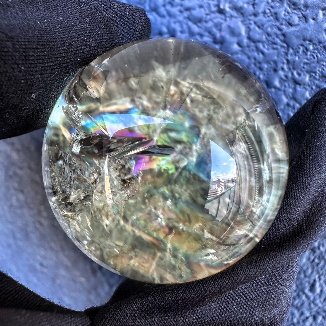 【開運 魔除】レインボースモーキーシトリン ブルーエンジェルラダー丸玉A1317