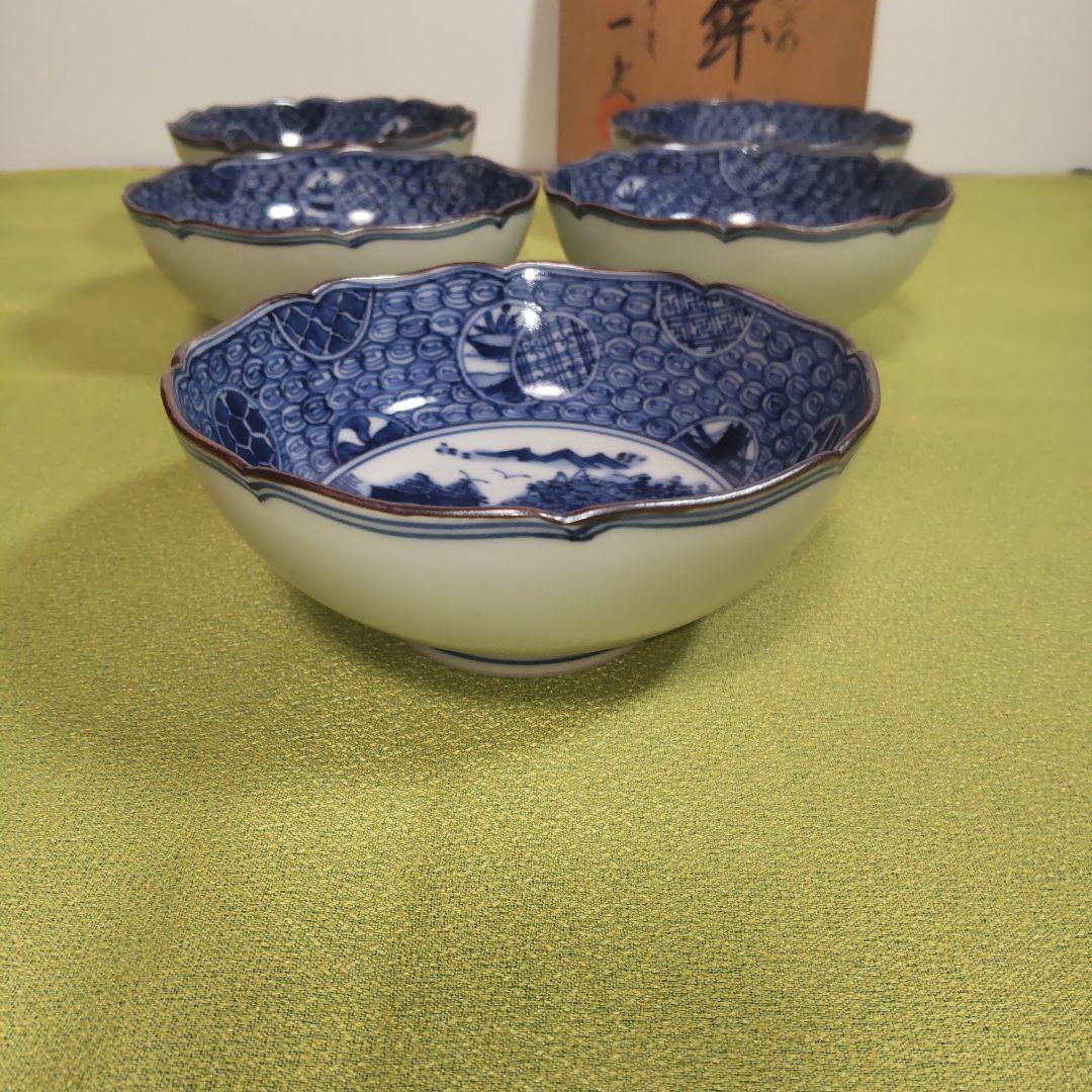 平安一楽 壹楽 祥瑞 山瑞 染付 手描き 5客 小鉢 皿 丸紋