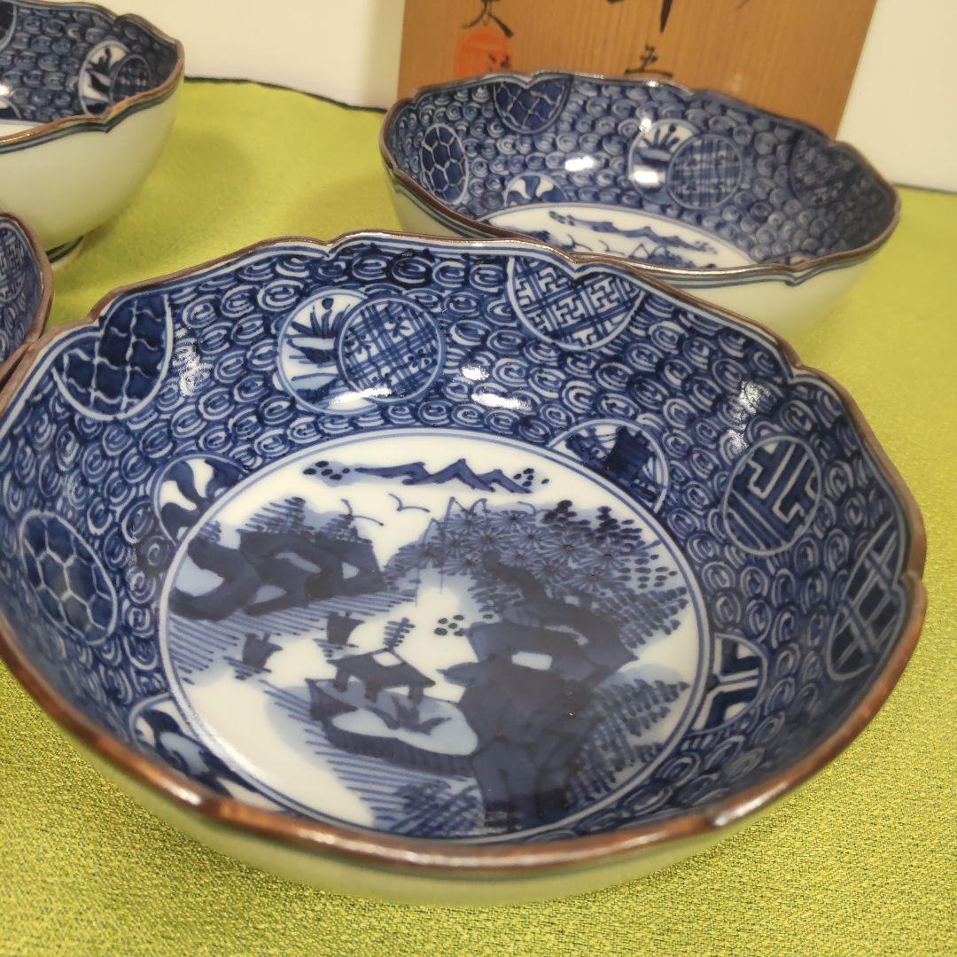 平安一楽 壹楽 祥瑞 山瑞 染付 手描き 5客 小鉢 皿 丸紋