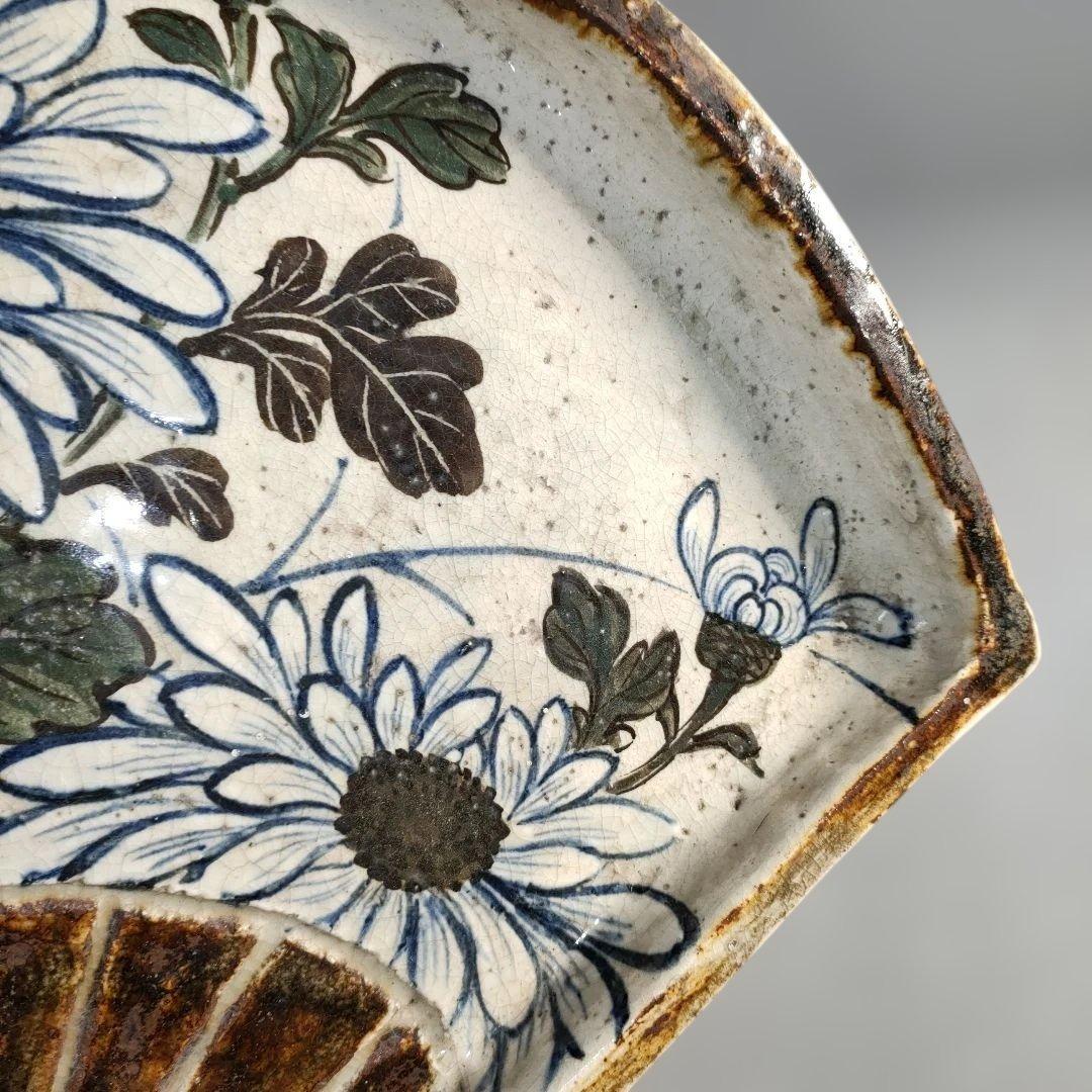 A1348-5/尾形乾山/扇形花画大皿/飾大皿/尺皿/絵皿/盛皿/床飾/額皿/