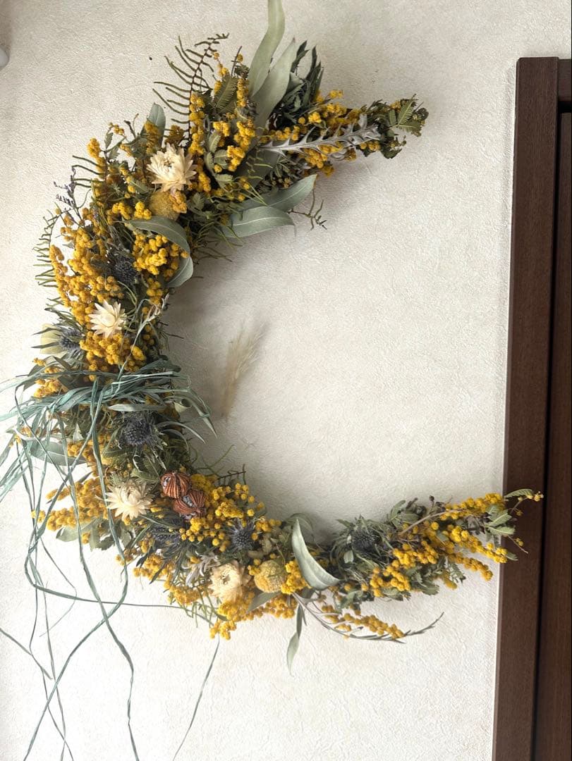 大きめ三日月リースドライフラワースワッグ ミモザプレゼントインテリアディスプレイ