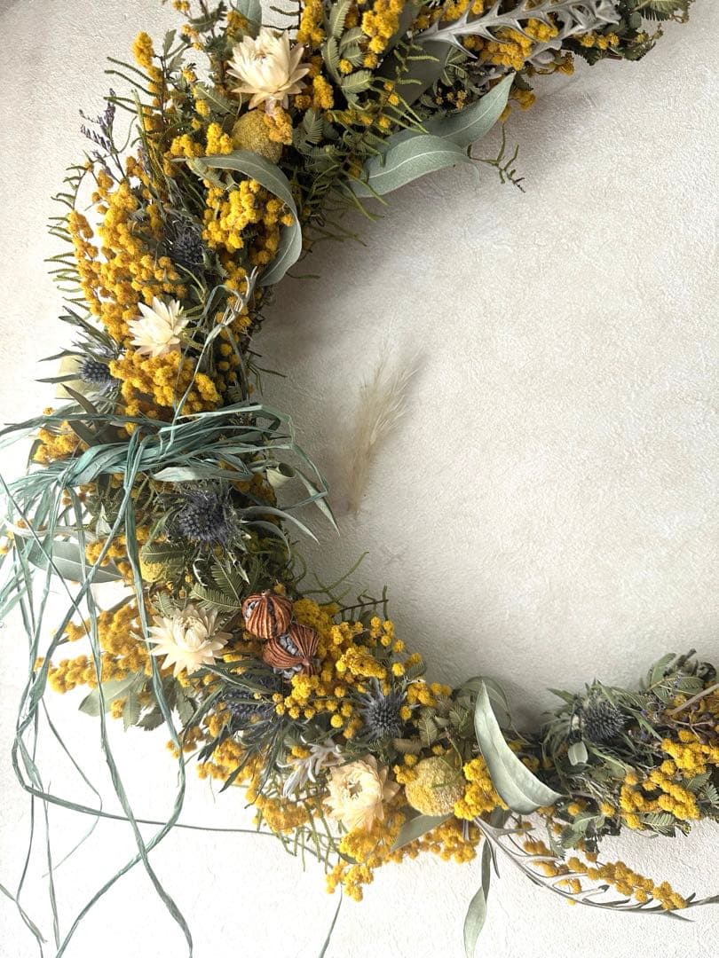 大きめ三日月リースドライフラワースワッグ ミモザプレゼントインテリアディスプレイ