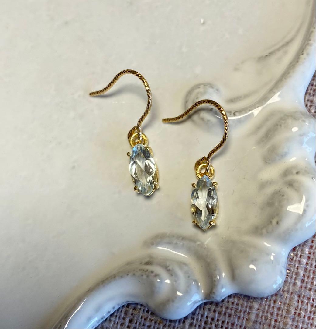 天然石　14kgf アクアマリン AAA マーキスファセット　ピアス　アレル対応