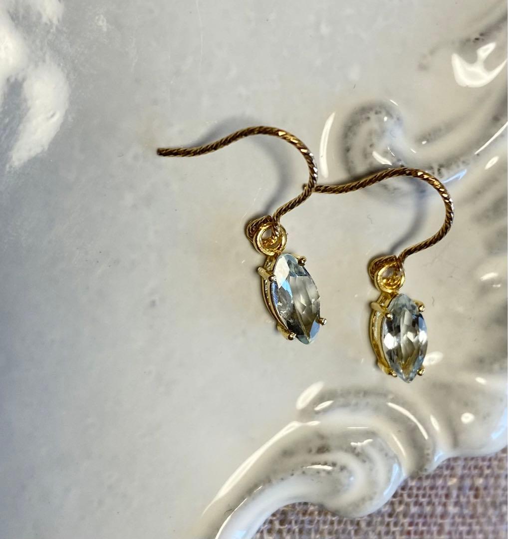 天然石　14kgf アクアマリン AAA マーキスファセット　ピアス　アレル対応