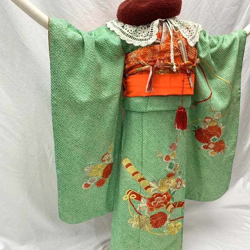 506ag4□七五三 七歳 女児 着物&袋帯&長襦袢 総絞り 総刺繍 花□良好