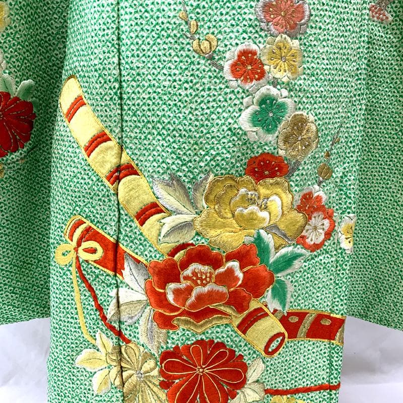 506ag4□七五三 七歳 女児 着物&袋帯&長襦袢 総絞り 総刺繍 花□良好